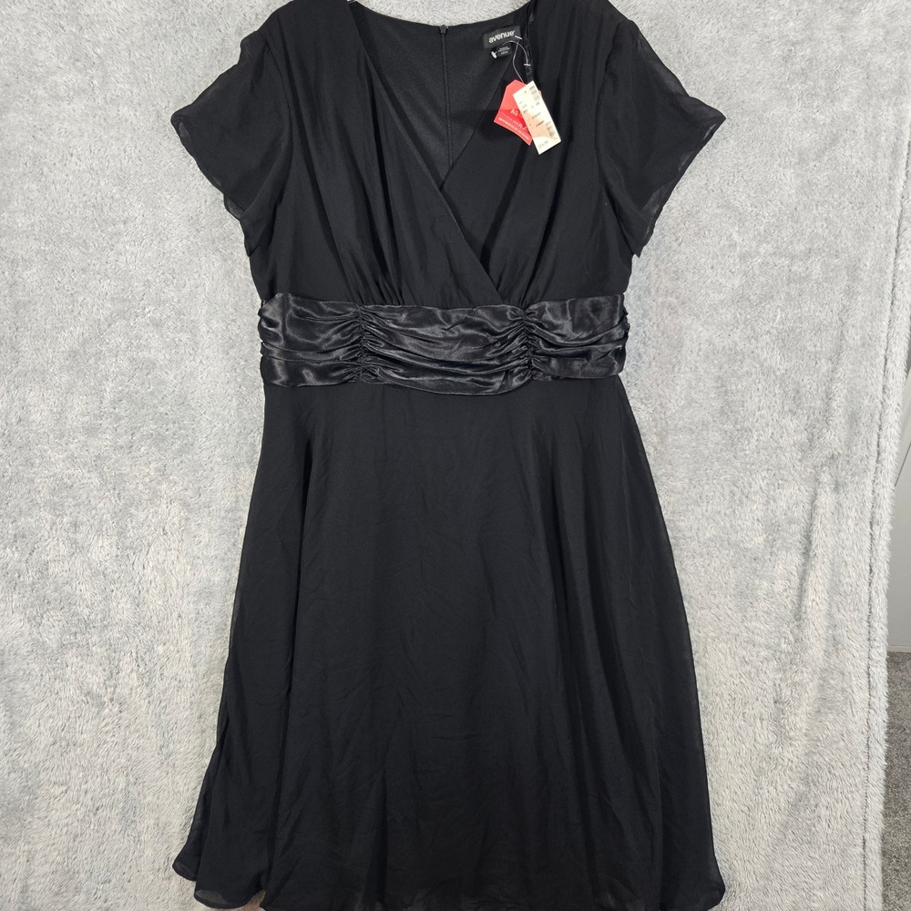 Avenue Womens 18W Black V-Neck Ruched Satin Waist Cocktail Midi Dress NWT
